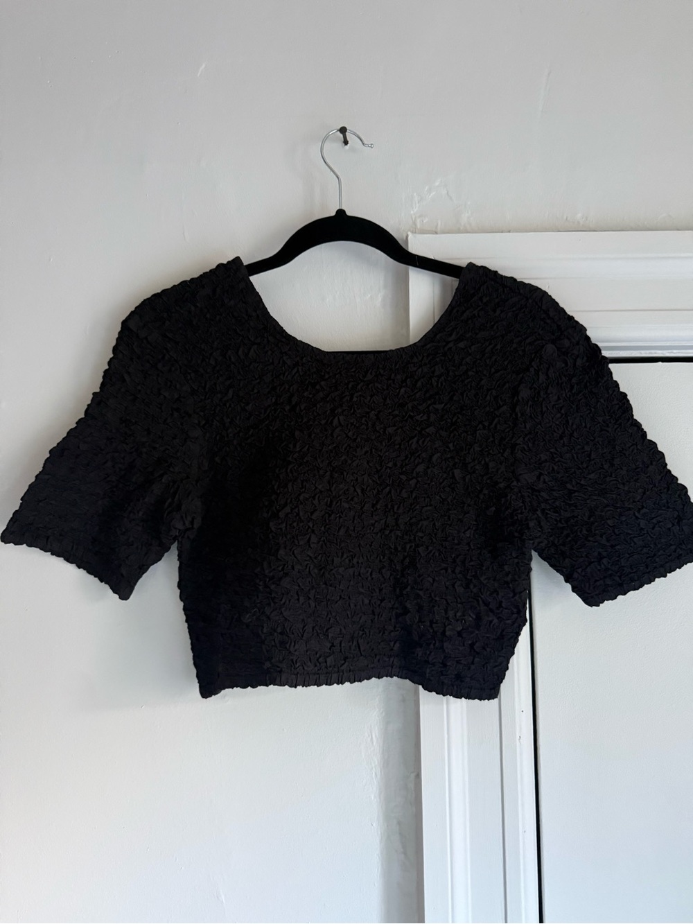 Ganni Black Textured Crop Top with Short Sleeves